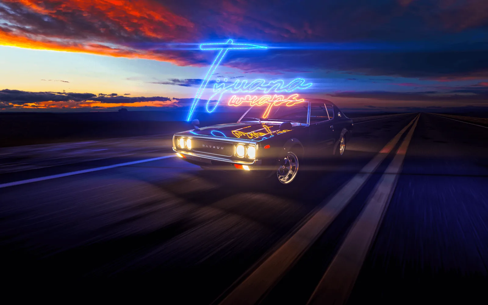 Muscle car speeding under a neon Tijuana Wraps sign at dusk