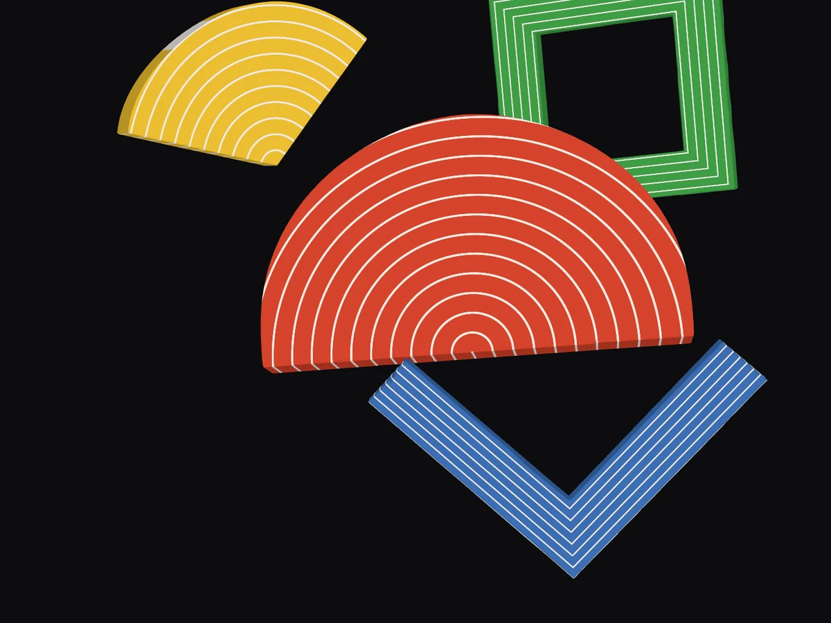 Four striped 3D shapes in red, blue, green and yellow, rendered by Jefferson Vance